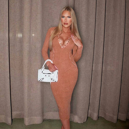 Ribbed Knit Bodycon Midi Dress with Snap Button V-Neck
