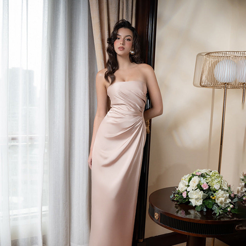 Bodycon Satin Maxi Dress with Strapless Ruched Detail