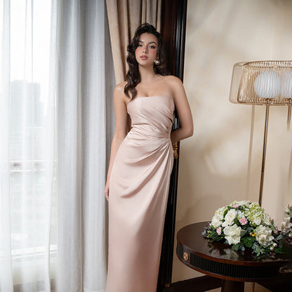 Bodycon Satin Maxi Dress with Strapless Ruched Detail