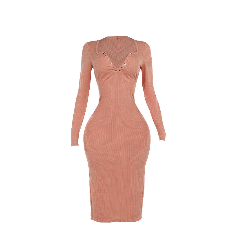 Ribbed Knit Bodycon Midi Dress with Snap Button V-Neck