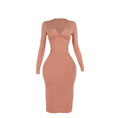 Ribbed Knit Bodycon Midi Dress with Snap Button V-Neck
