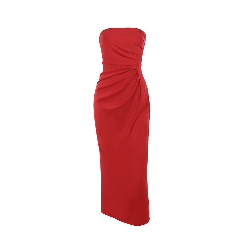 Bodycon Satin Maxi Dress with Strapless Ruched Detail