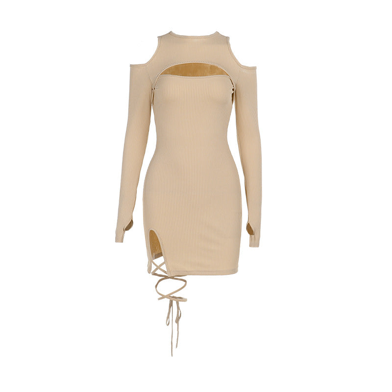 Ribbed Bodycon Mini Dress with Cut-Out Bust and Lace-Up Slit