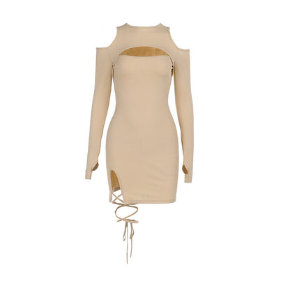 Ribbed Bodycon Mini Dress with Cut-Out Bust and Lace-Up Slit