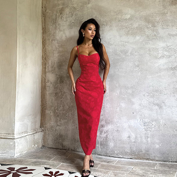 Bodycon Maxi Dress in Floral Jacquard with Spaghetti Straps