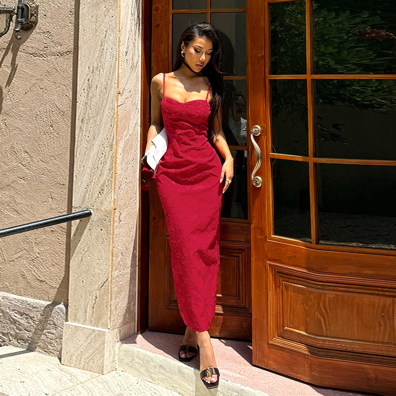Bodycon Maxi Dress in Floral Jacquard with Spaghetti Straps