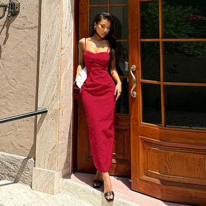 Bodycon Maxi Dress in Floral Jacquard with Spaghetti Straps