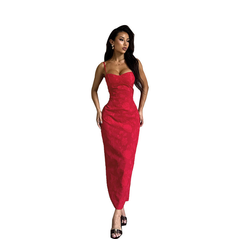 Bodycon Maxi Dress in Floral Jacquard with Spaghetti Straps