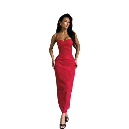 Bodycon Maxi Dress in Floral Jacquard with Spaghetti Straps