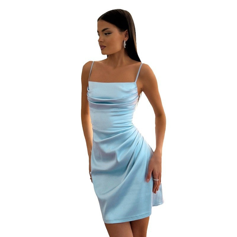 Satin Bodycon Mini Dress with Cowl Neck and Lace-Up Back