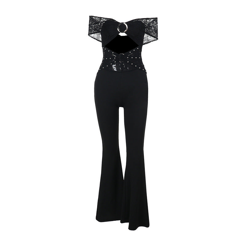 One-Shoulder Lace Cut-Out Jumpsuit Black