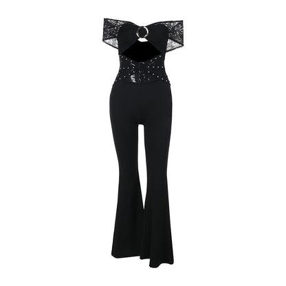 One-Shoulder Lace Cut-Out Jumpsuit Black