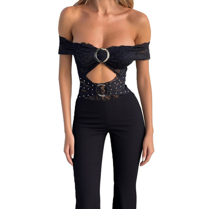 One-Shoulder Lace Cut-Out Jumpsuit Black