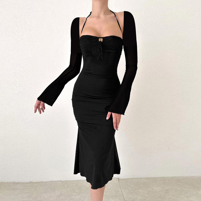 Bodycon Mermaid Midi Dress with Halter Neck and Bell Sleeves
