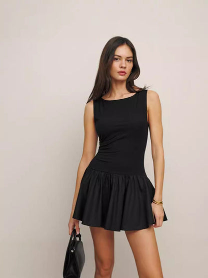 Sleeveless High Waist Short Dress Solid Color Polyester