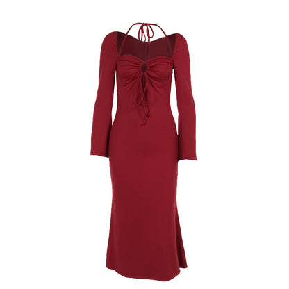 Bodycon Mermaid Midi Dress with Halter Neck and Bell Sleeves
