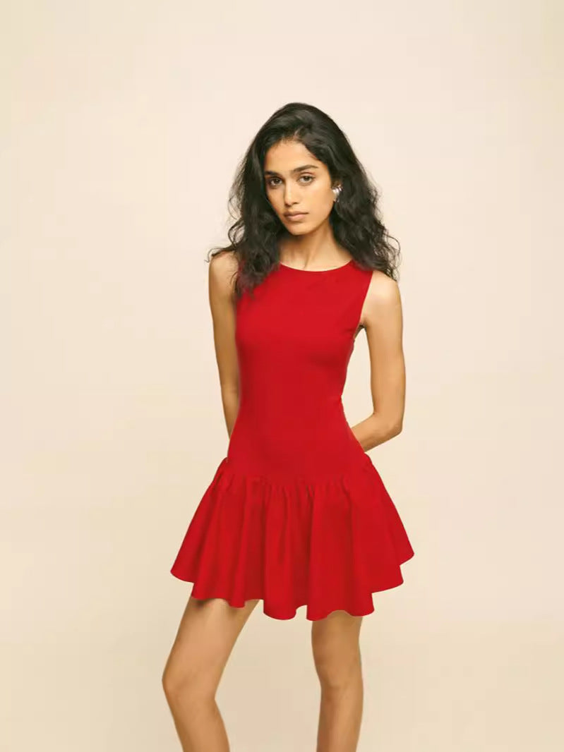 Sleeveless High Waist Short Dress Solid Color Polyester