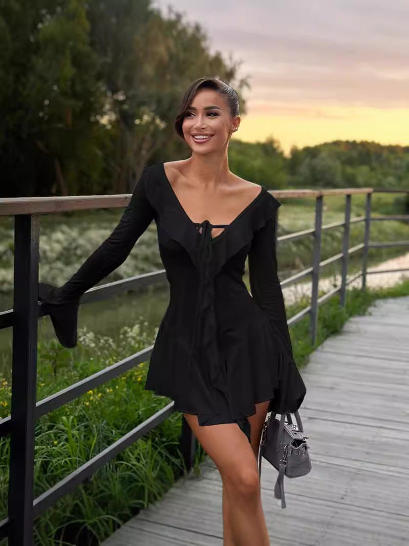 V-Neck Ruffled Irregular Hem Dress Short Sleeve, Solid Color