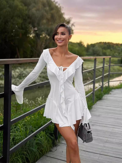 V-Neck Ruffled Irregular Hem Dress Short Sleeve, Solid Color