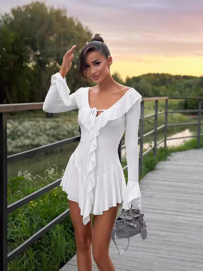 V-Neck Ruffled Irregular Hem Dress Short Sleeve, Solid Color