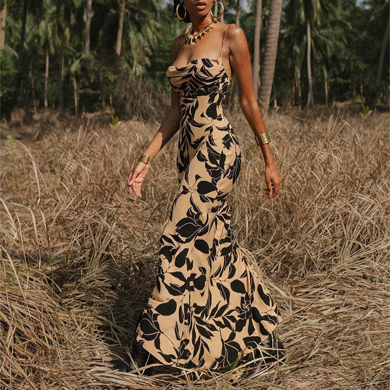 Printed Backless Sling Dress Sexy Summer