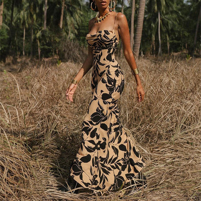 Printed Backless Sling Dress Sexy Summer