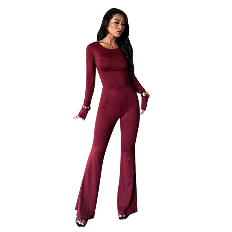 Bodycon Backless Jumpsuit with Long Sleeves and Flared Leg