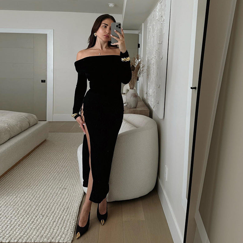 Off-the-Shoulder Bodycon Maxi Dress with Ring Detail and High Slit