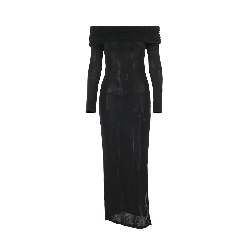 Off-the-Shoulder Bodycon Maxi Dress with Ring Detail and High Slit