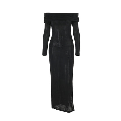 Off-the-Shoulder Bodycon Maxi Dress with Ring Detail and High Slit