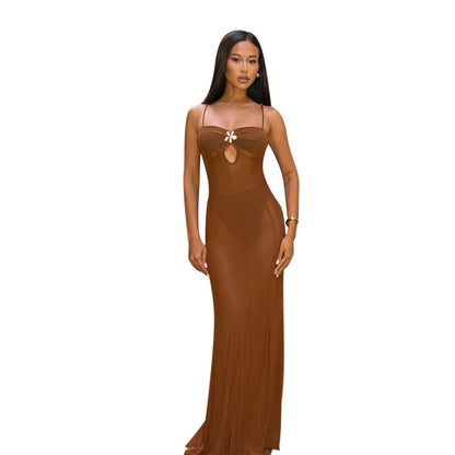 Long Mesh Perspective Dress With Metal Flower Collar Brown