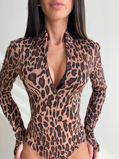 Leopard Print Long Sleeve Jumpsuit Mid-Rise Tight Fit