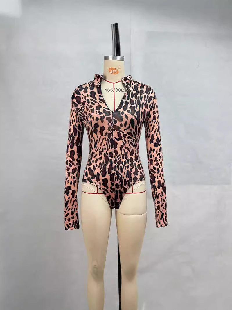 Leopard Print Long Sleeve Jumpsuit Mid-Rise Tight Fit