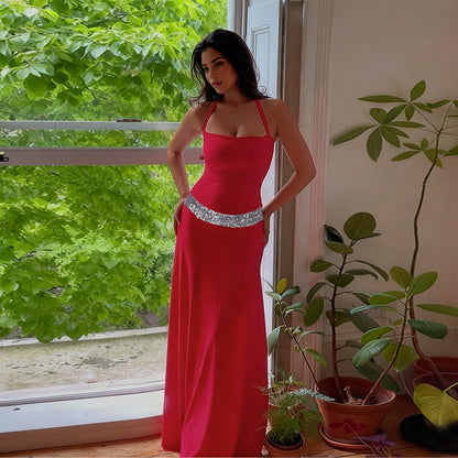 Bodycon Halter Maxi Dress with Sequin Waist Detail