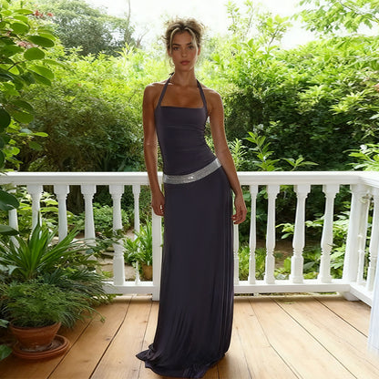 Bodycon Halter Maxi Dress with Sequin Waist Detail