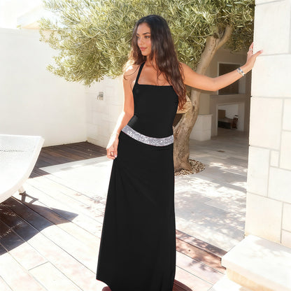 Bodycon Halter Maxi Dress with Sequin Waist Detail