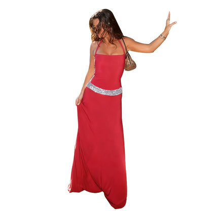 Bodycon Halter Maxi Dress with Sequin Waist Detail