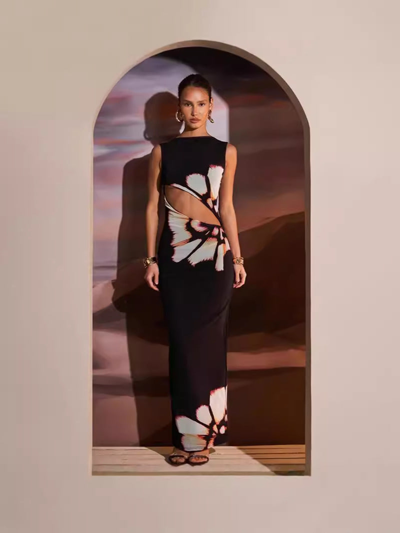 Retro Printed Sleeveless Slim-Fit Long Dress High Waist Hollow Design