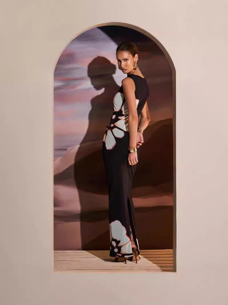 Retro Printed Sleeveless Slim-Fit Long Dress High Waist Hollow Design