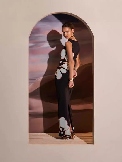 Retro Printed Sleeveless Slim-Fit Long Dress High Waist Hollow Design