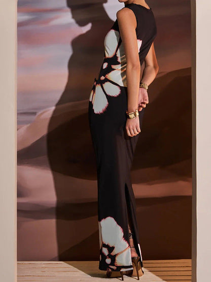 Retro Printed Sleeveless Slim-Fit Long Dress High Waist Hollow Design