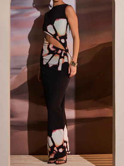 Retro Printed Sleeveless Slim-Fit Long Dress High Waist Hollow Design