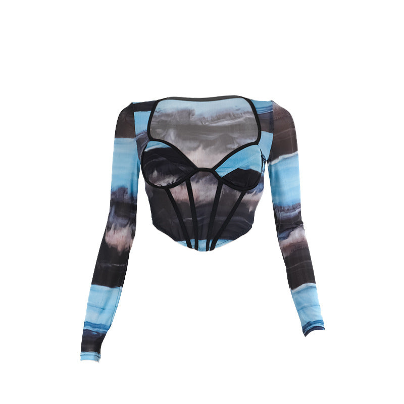 Abstract Print Mesh Corset Top with Boning and Long Sleeves
