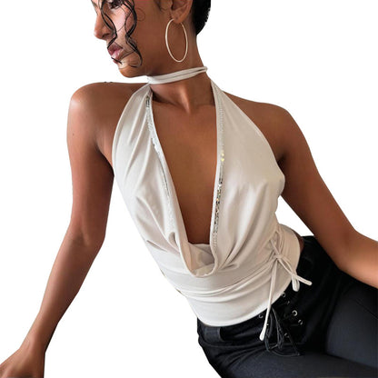 Sequin-Trimmed Cowl Neck Halter Top with Side Tie