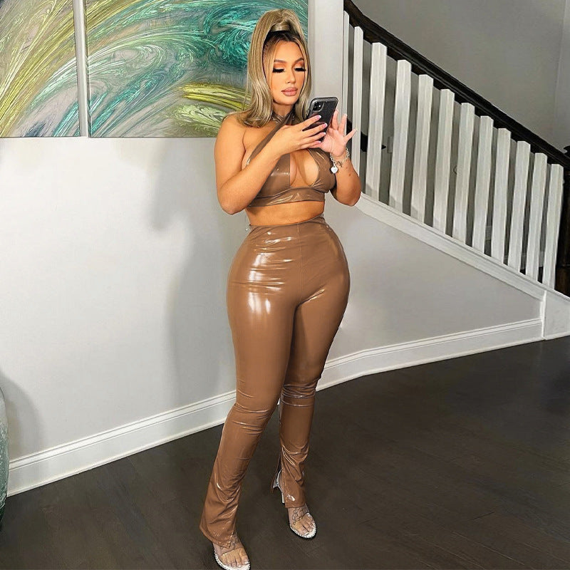 Hollow Backless Pu Leather Two-Piece Set Black