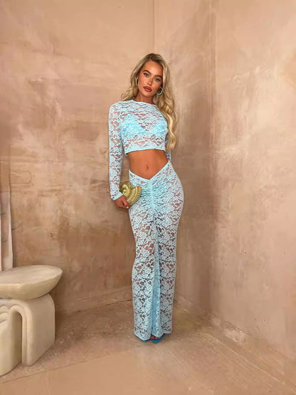 Perspective Round Neck High Waist Long Sleeve Two-Piece Skirt Set