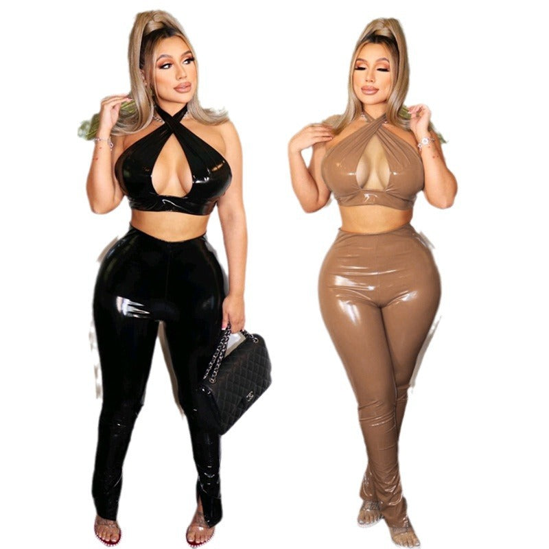 Hollow Backless Pu Leather Two-Piece Set Black
