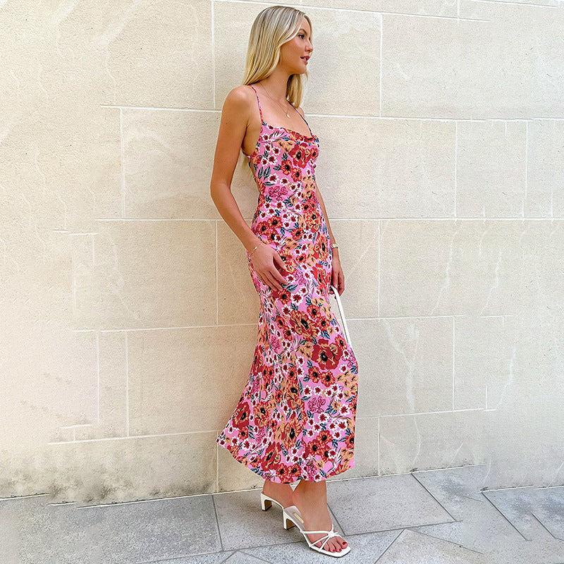 Elegant Slim Strap Printed Dress Bright Color