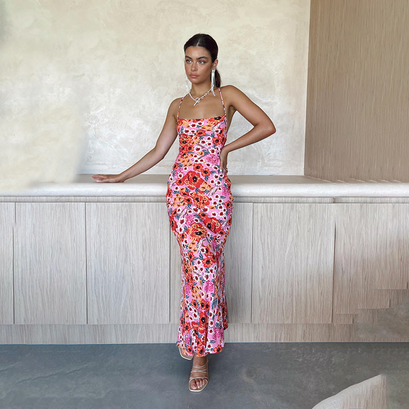 Elegant Slim Strap Printed Dress Bright Color