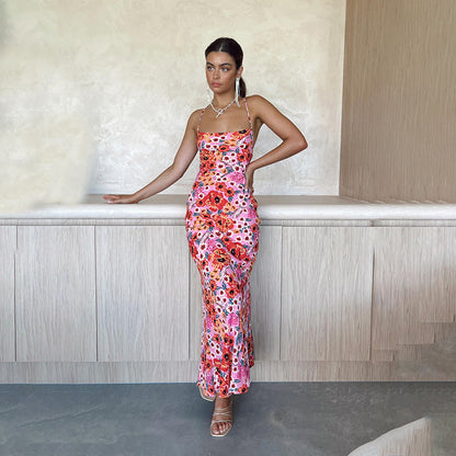 Elegant Slim Strap Printed Dress Bright Color